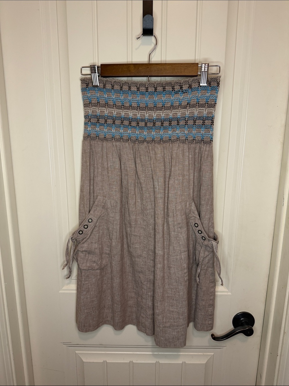 Jolt Taupe Mini Strapless Dress with Blue Smocked Top